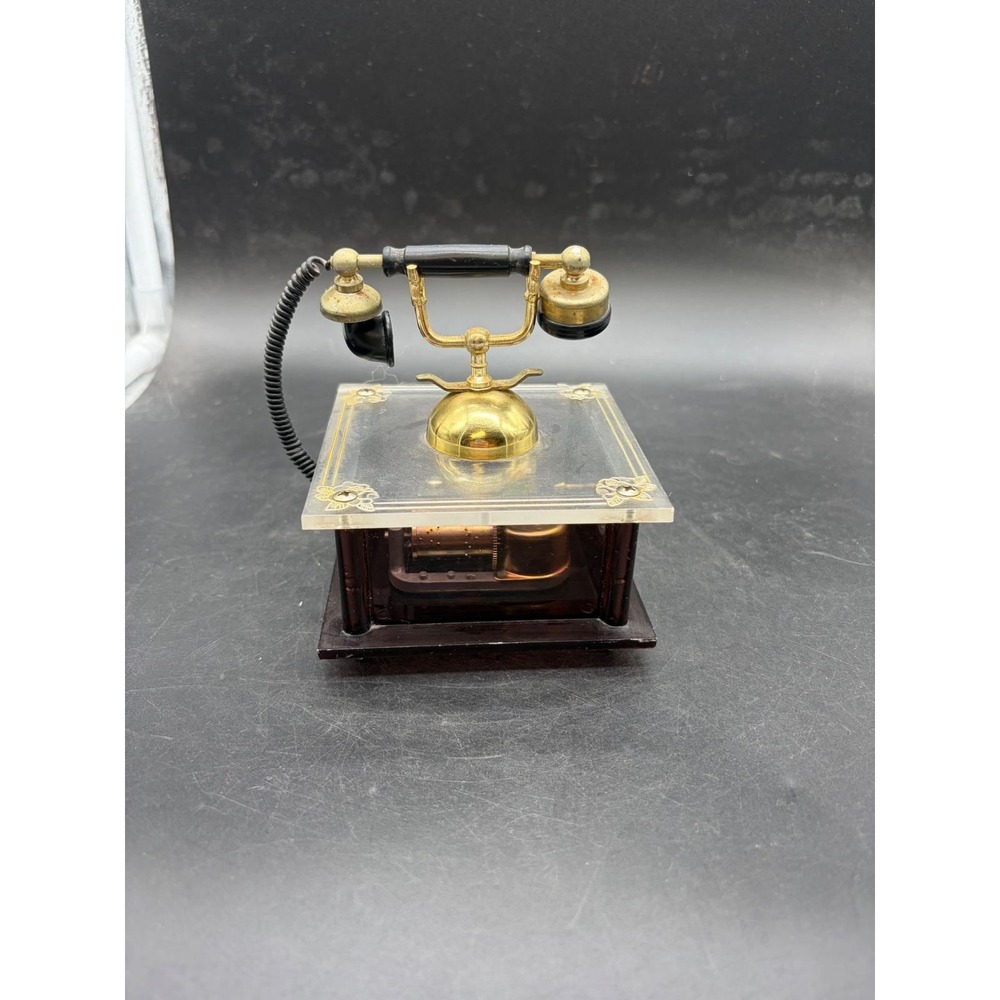Vintage Sankyo Telephone Music Box Japan Clear Acrylic Gold Tone Wind Up Decor